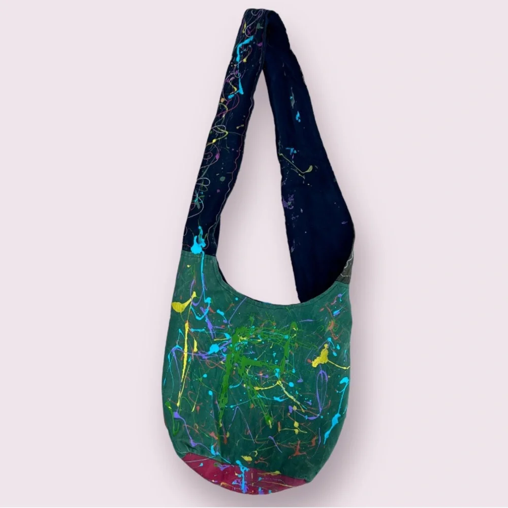 Artist made - boho hippy paint splatter shoulder bag - Picture 2 of 12